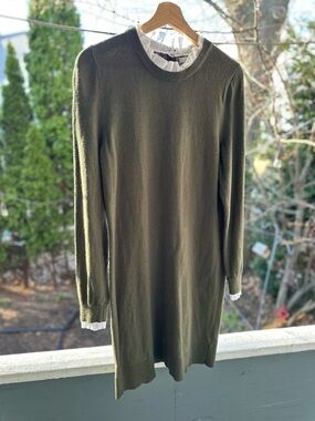 Boden Olive Long-Sleeve Sweater Dress with Ruffle Trim